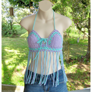 Lav/Aqua Fringed Halter Top  $25.00 Clearance