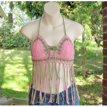 Pink/Green Fringed Halter Top  $25.00 Clearance