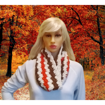 Crochet Cowl in Pumpkin Orange, Cream and Brown