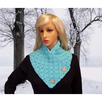 Light Teal Crochet V Front Button Cowl