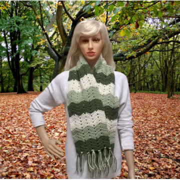 Green and Cream Chevron/Ripple Crochet Scarf